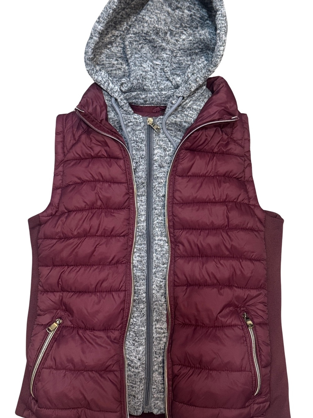 Women's Maroon Quilted Puffer Vest with Gray Knit Hoodie